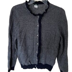 J Crew wool/cashmere blend Ruffle Rhinestone cardigan size L , navy/ whi…